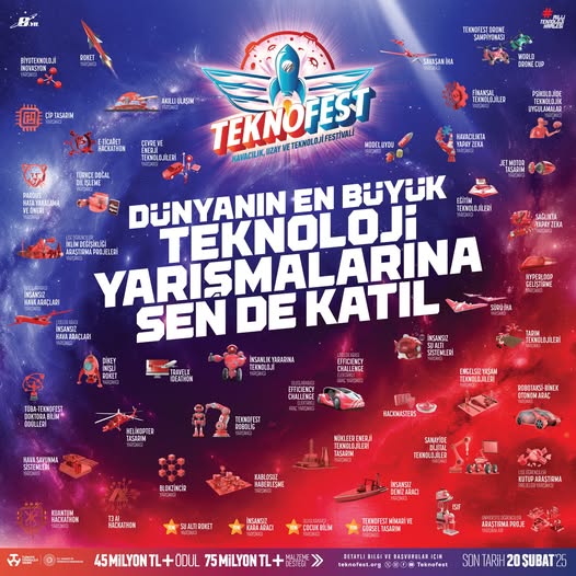 #TEKNOFEST 2025 Teknoloji Yarışmaları için başvurular BAŞLADI! 5️⃣1️⃣ Ana Kategori, 1️⃣1️⃣7️⃣ Alt Kategori 🗓 Son Başvuru › 20 Şubat 2025 👉 Detaylı Bilgi › teknofest.org